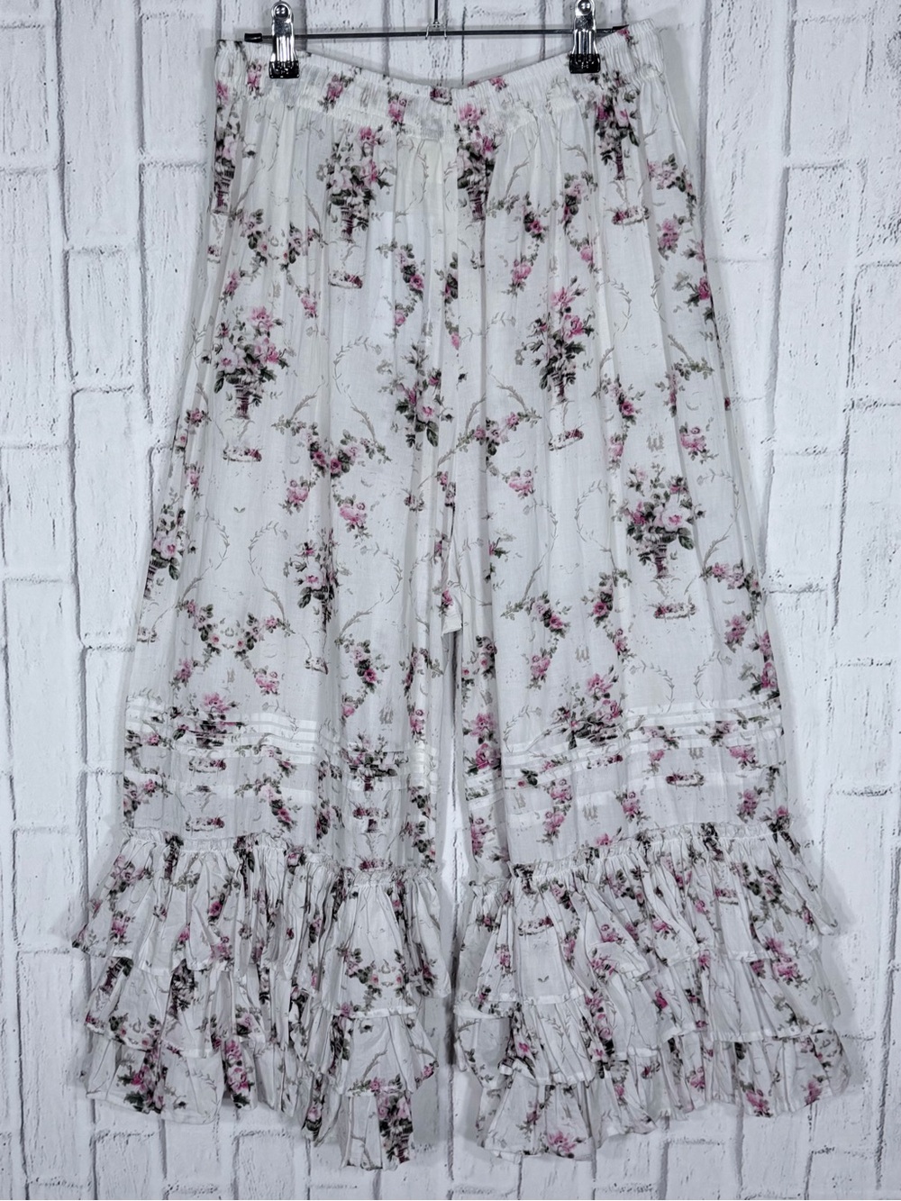 Paper Lace Rosebuds & Ruffles Floral Boho Bloomer Pants White Pink S - Picture 3 of 7